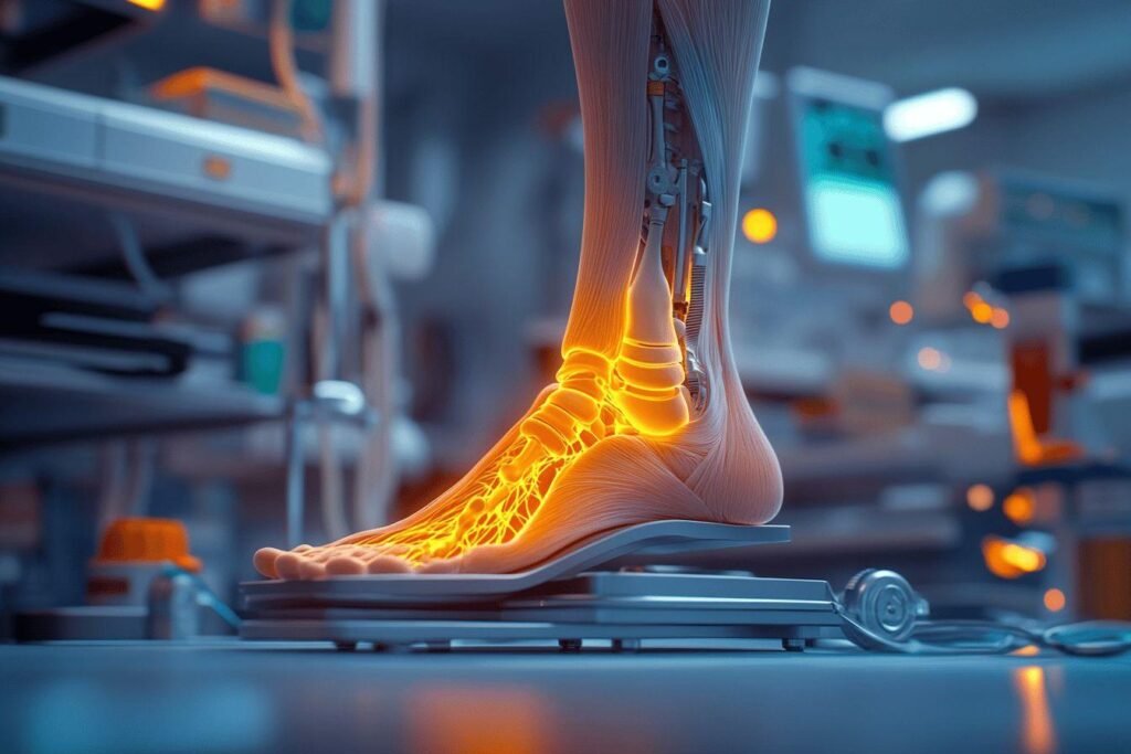 Pied humain avec système osseux et musculaire lumineux