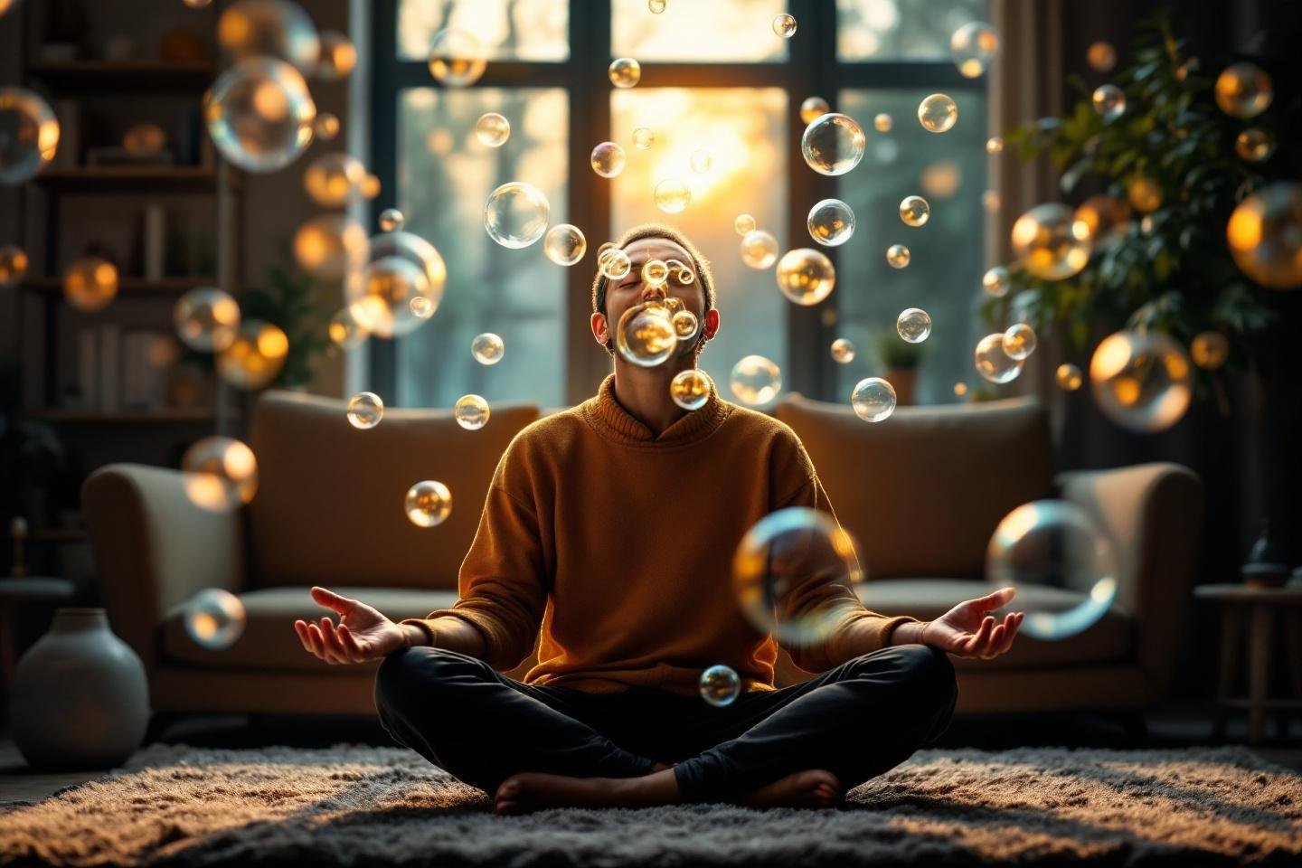 Personne méditant entourée de bulles de savon flottantes