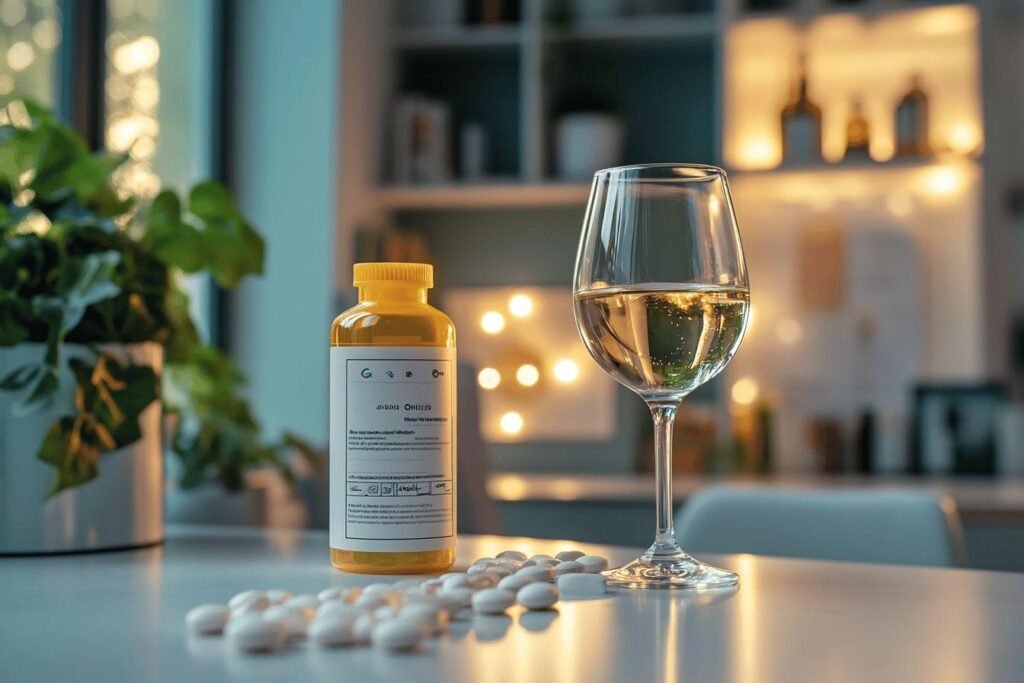 Médicaments et verre de vin sur une table moderne