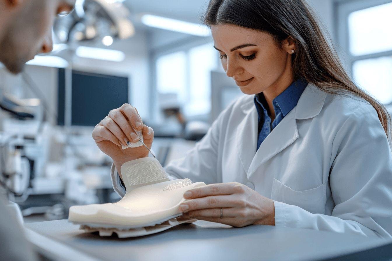 Femme en blouse blanche examinant un objet dans un laboratoire