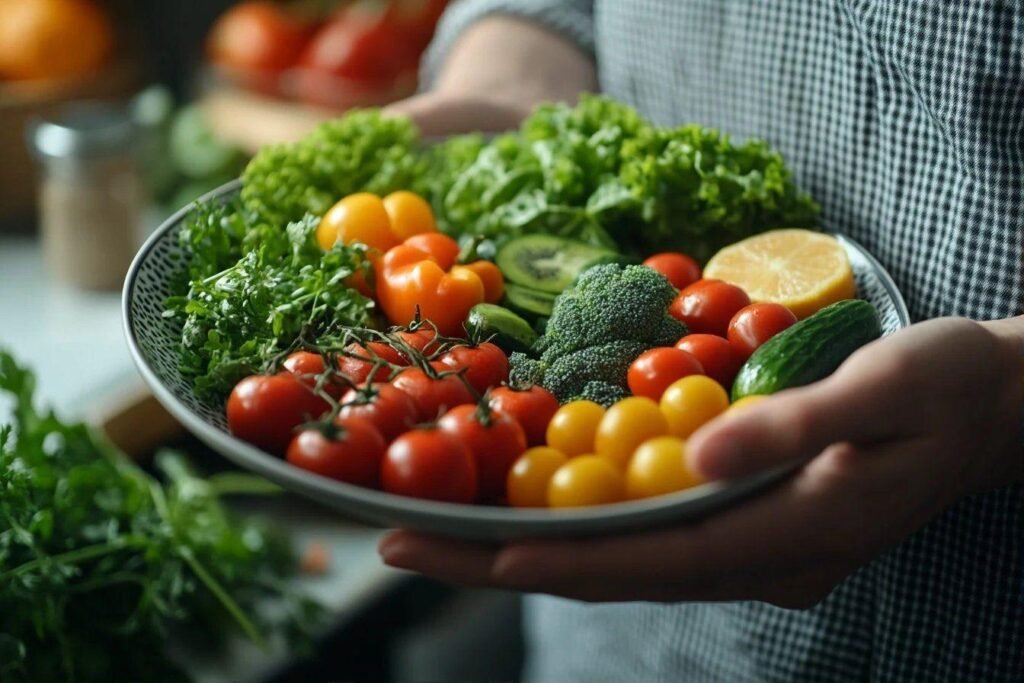 Légumes variés et colorés dans un bol gris