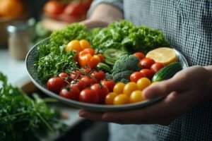 Légumes variés et colorés dans un bol gris