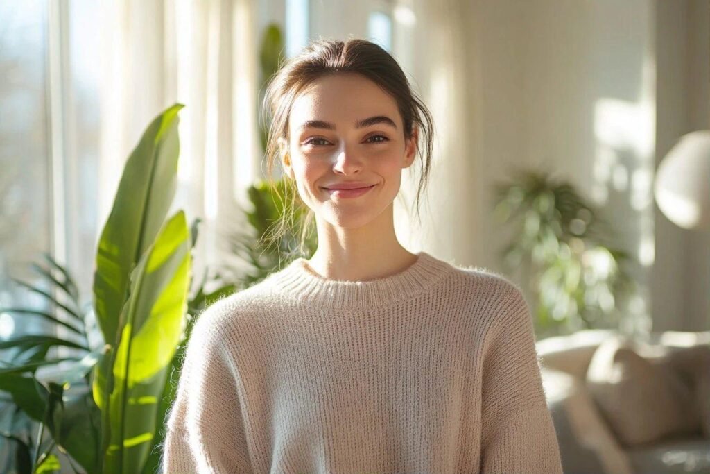 Jeune femme dans un pull beige, entourée de plantes vertes