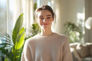 Jeune femme dans un pull beige, entourée de plantes vertes