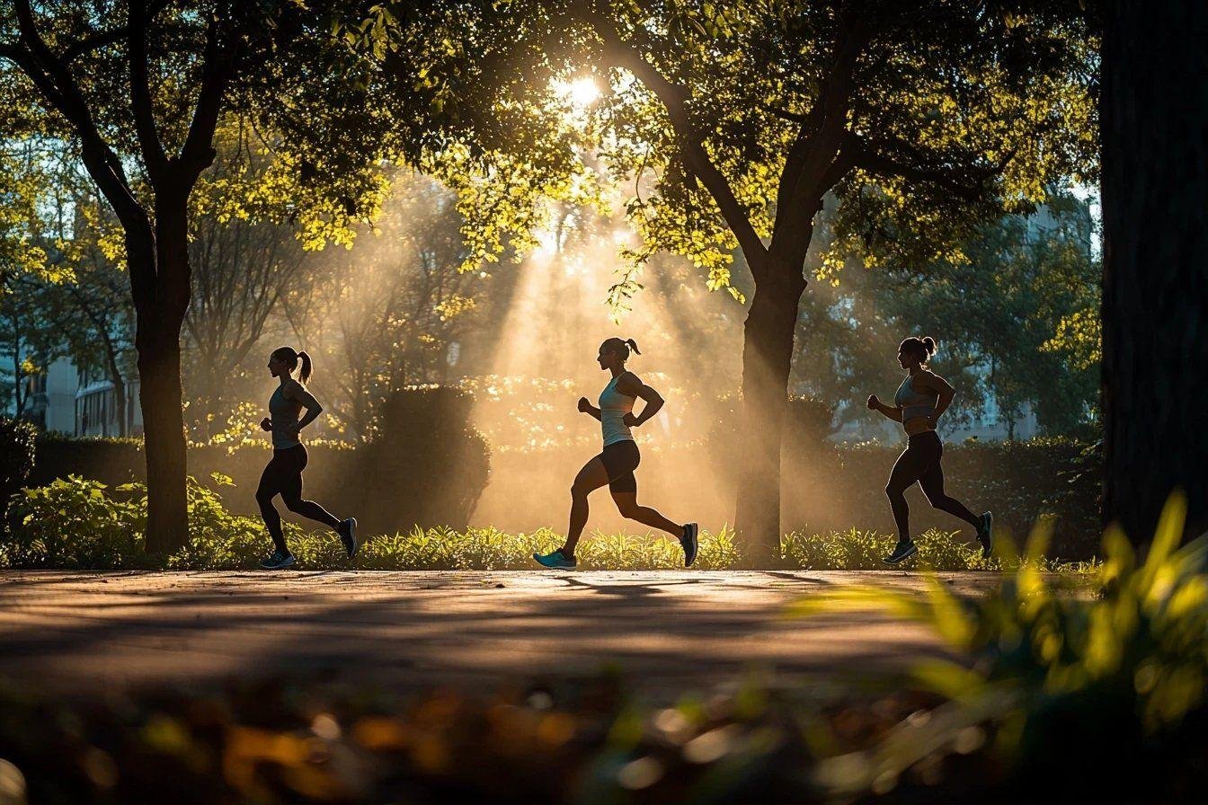 Trois silhouettes en course à travers un parc ensoleillé