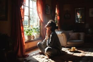 Personne assise méditant dans la lumière du matin