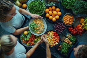 Table avec variété de fruits, légumes et ingrédients frais