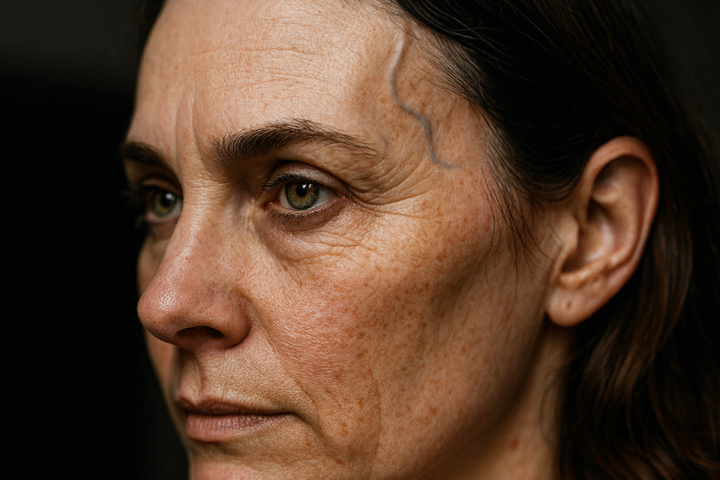 visage de femme de profil avec veine temporal apparente