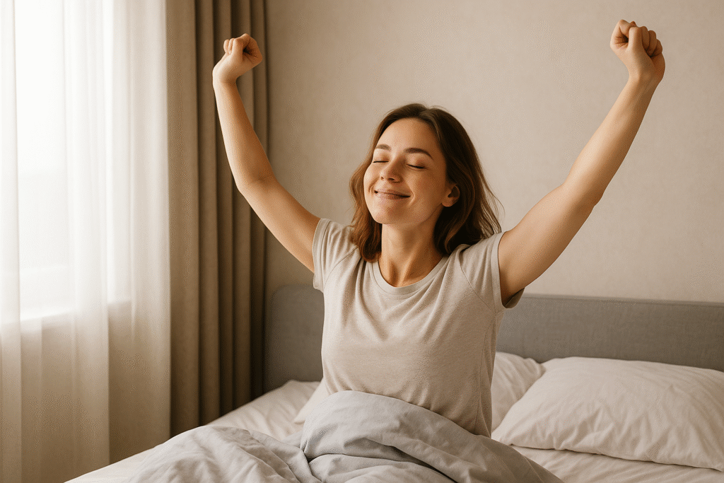 jeune femme au lit qui se réveille et s'étire