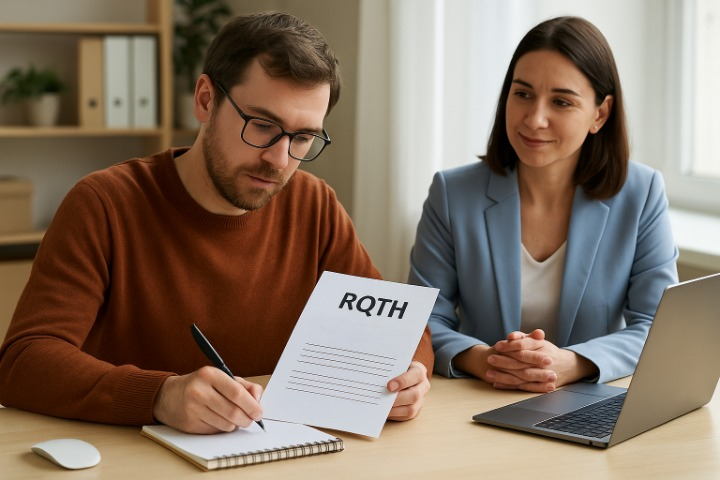 personne dysphasique remplissant un dossier rqth avec l'aide d'une personne