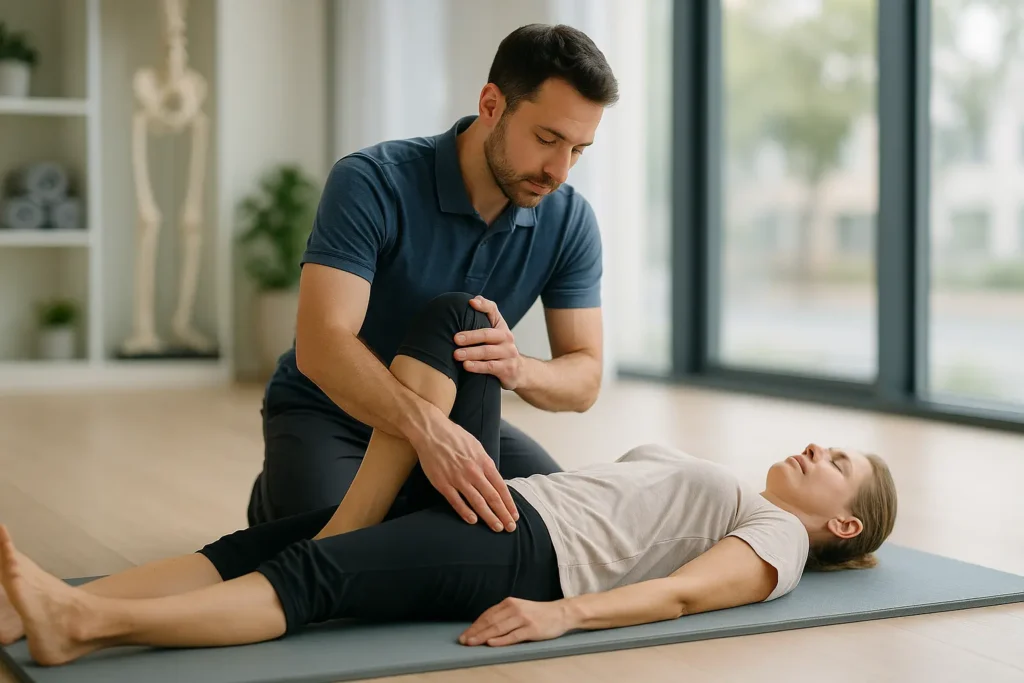 praticien aide pratique un etirement du muscle fessier et pyramidale