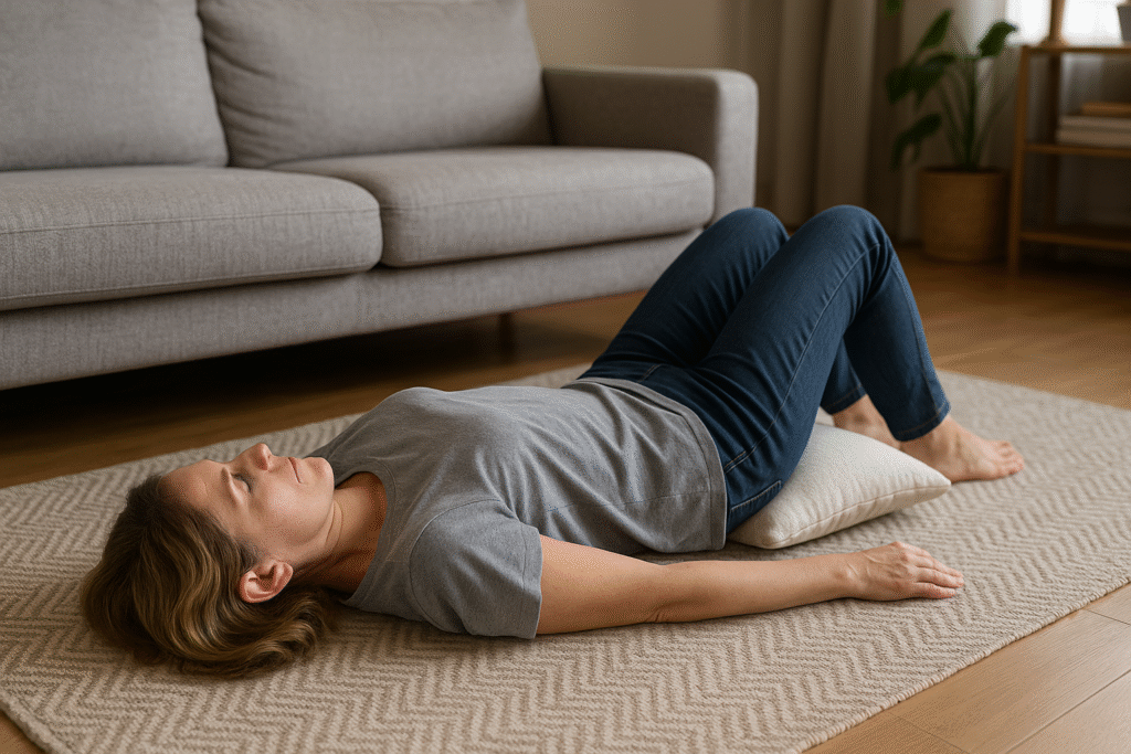 femme européenne allongé dans son salon un coussin sous les genoux pour soulager sa cruralgie