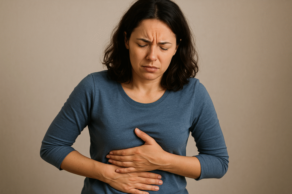 femme qui a des brulure d'estomac qui se tient le ventre
