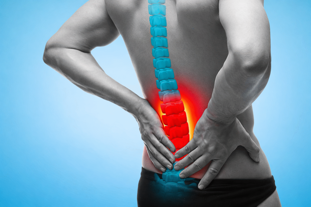 dessin d'une colonne vertébrale dont les vertèbre lombaire semblent douloureuses