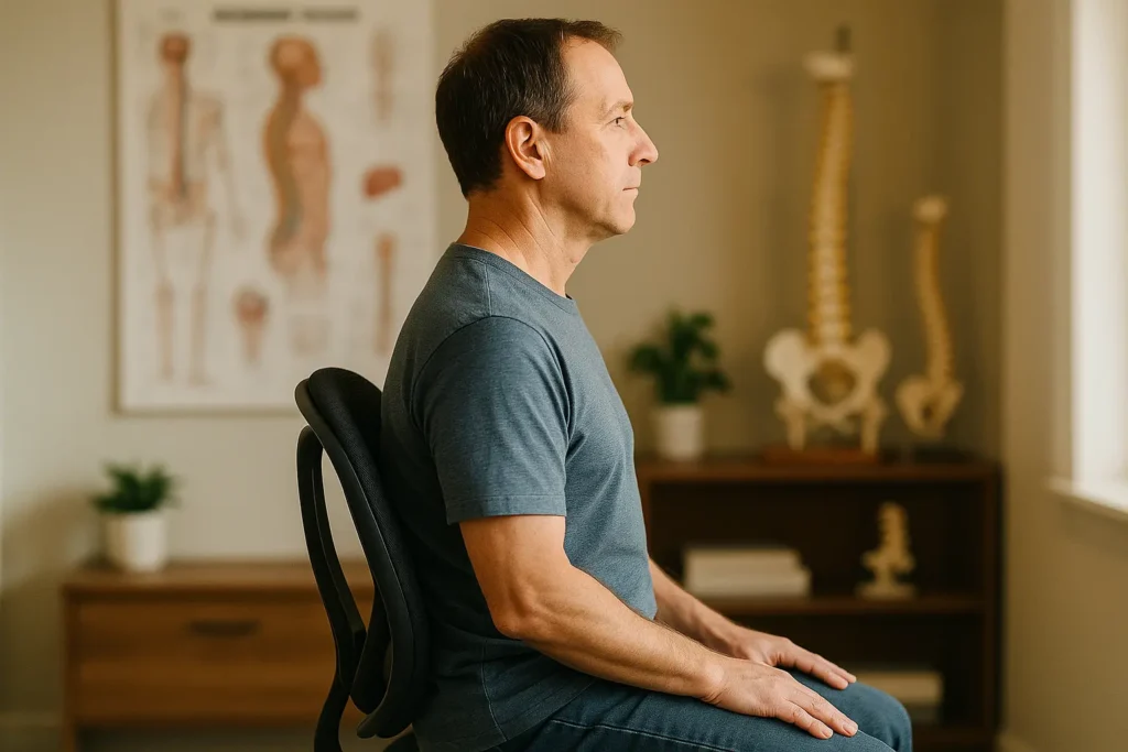 homme assis sur une chaise de profil, main sur les genoux. courbure vertébral normale