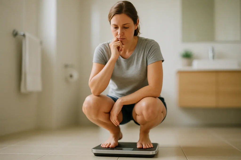 femme acroupie sur une balance en train de reflechir à son poids