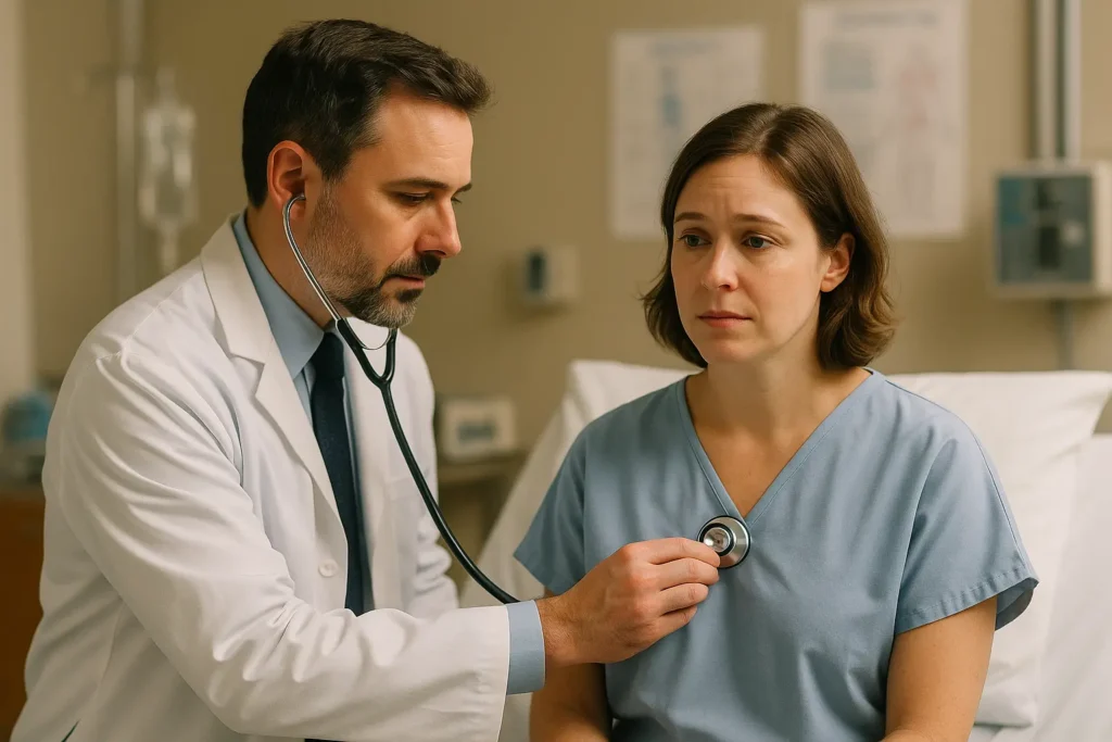 medecin avec un stétoscope ecoute le coeur d'une patiente
