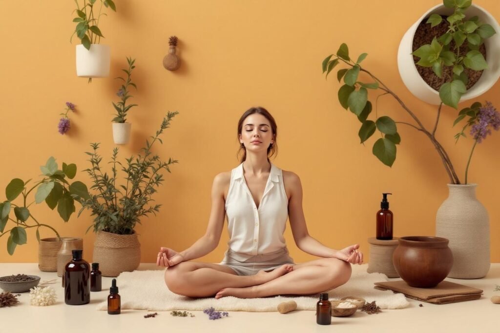 Jeune femme en position du lotus dans une pièce zen avec des plantes en pots