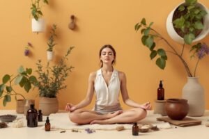 Jeune femme en position du lotus dans une pièce zen avec des plantes en pots