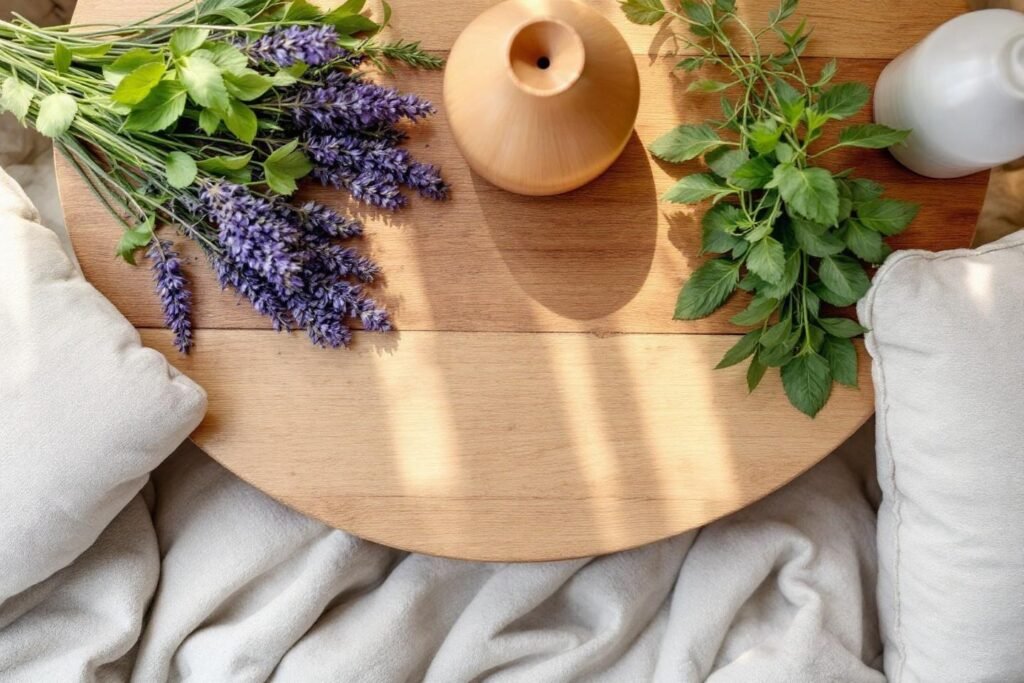 Botte de lavande et Botte de menthe posé sur une table avec une fiole en terre cuite pouvant evoquer les huiles essentielles