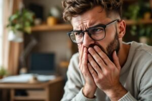 homme se tenant la machoire suggerant des Douleurs à la mâchoire et du stress