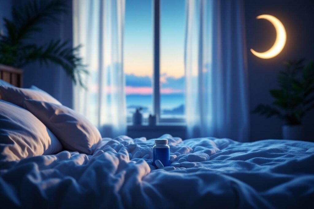 Boite de complément alimentaire du type Magnésium posé sur un lit dans le soir couchant