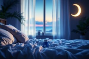 Boite de complément alimentaire du type Magnésium posé sur un lit dans le soir couchant