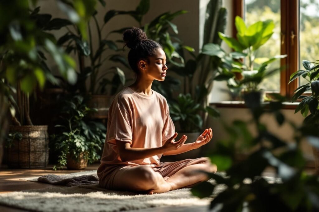 femme en position du lotus en train de mediter dans une pièce richement garnie de plante