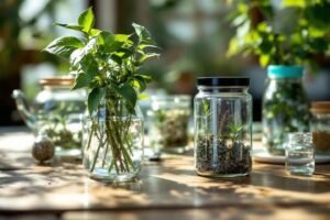 plante diverse et bocaux réunis sur une table evoquant la Phytothérapie contre le stress