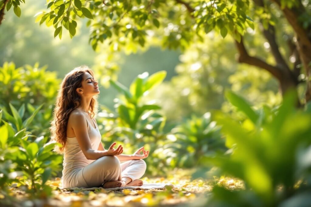 femme en train de mediter en position de lotus dans la nature remède naturel contre le stress
