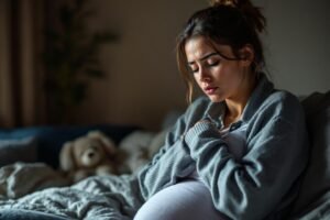 femme assise sur son lit qui semble avoir mal au ventre