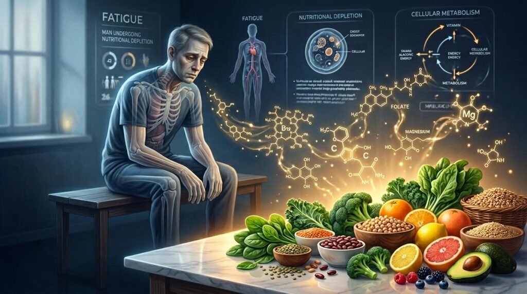 Homme fatigué avec aliments riches en nutriments et molécules biologiques