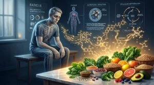Homme fatigué avec aliments riches en nutriments et molécules biologiques