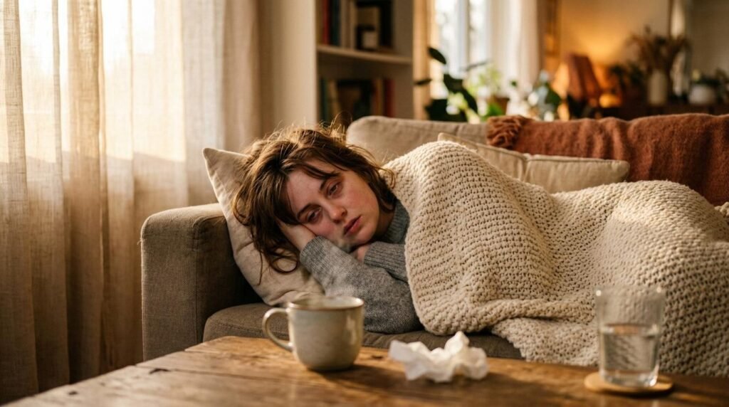 Femme allongée sur canapé avec couverture et mug chaud