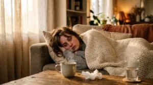 Femme allongée sur canapé avec couverture et mug chaud