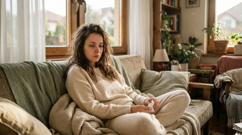 Femme assise sur un canapé, regardant vers le bas, tenant un mouchoir