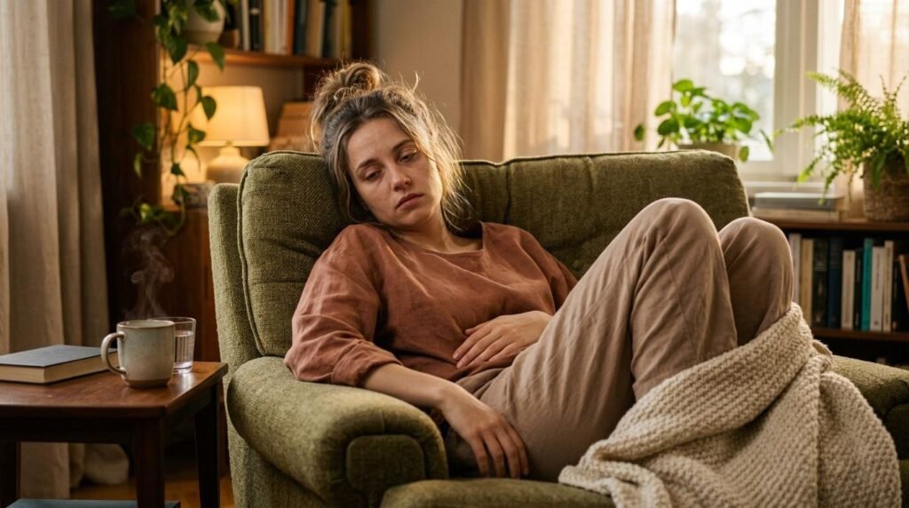 Femme relaxée sur un canapé vert dans un salon cosy