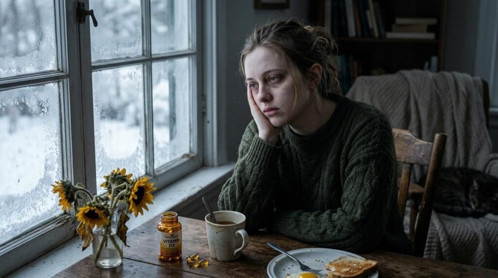 Femme triste regardant par fenêtre givrée, vitamine sur table