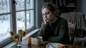 Femme triste regardant par fenêtre givrée, vitamine sur table